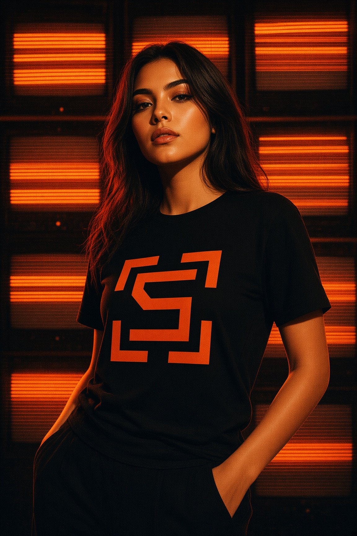 Playera Viewfinder negra con mark naranja
